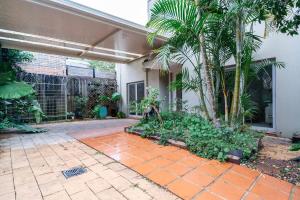 a courtyard of a house with a palm tree at Stylish Home in the heart of Newtown in Sydney