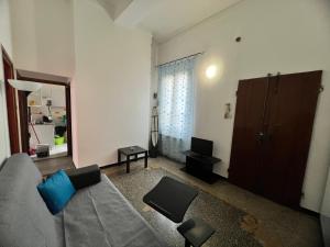 - un salon avec un canapé gris et des oreillers bleus dans l'établissement Appartamento Grandis, à Gênes