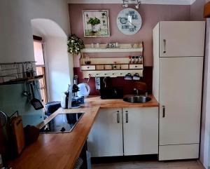a kitchen with a sink and a white refrigerator at Gemütlichkeit am Vierkanthof - Apartment 1 in Wörterberg