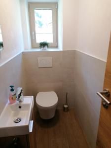 baño con aseo y lavabo y ventana en Berghaus Martin en Neustift im Stubaital