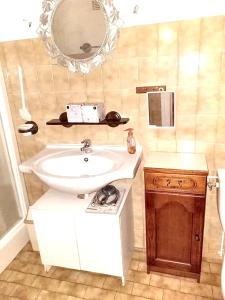 a bathroom with a white sink and a mirror at Maison de 4 chambres avec jardin clos et wifi a Pousseaux in Pousseaux