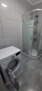 La salle de bains est pourvue de toilettes, d'une douche et d'un miroir. dans l'établissement Apartment House for Rent, à Koutaïssi