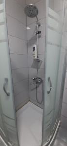 La salle de bains est pourvue d'une douche avec une porte en verre. dans l'établissement Apartment House for Rent, à Koutaïssi