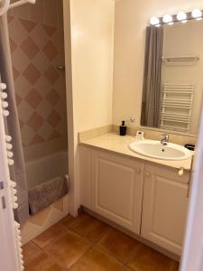 uma casa de banho com um lavatório e um chuveiro em Appartement Golf de Saumane 2 chambres 2 à 4 personnes em Saumane-de-Vaucluse