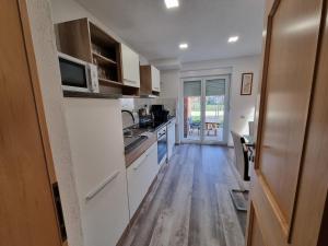 uma cozinha com armários brancos e piso em madeira em Apartments Jasko em Ig