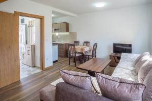 a living room and kitchen with a couch and a table at Dubljevic in Žabljak