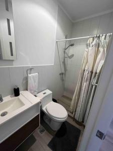 een badkamer met een toilet, een wastafel en een douche bij Apartment with nice balcony in Guatemala