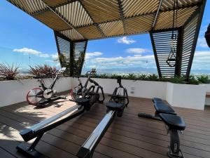 two bikes are parked on a wooden deck at Apartment with nice balcony in Guatemala