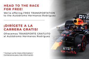 a poster of a race car with the words head to the race for free at UTOPIC Polanco by ULIV in Mexico City