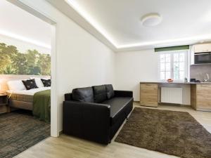 sala de estar con cama y sofá de cuero negro en Apartment Park 6 by Interhome en Balatonszárszó