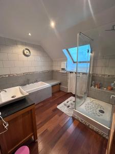 La salle de bains est pourvue d'une douche, d'un lavabo et d'une baignoire. dans l'établissement Maison proche Paris-Versailles, à Igny