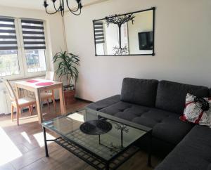 a living room with a couch and a table at Mikołajki Apartamenty Rynek in Mikołajki