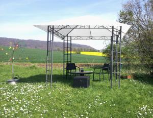 a gazebo with chairs and a table in a field at Ferienwohnung am Ellerbach in Hessisch Oldendorf
