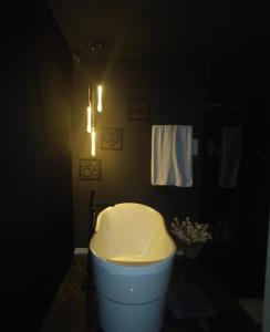 baño con aseo blanco en una habitación oscura en Carpe Diem Cabanas 2 en Campo Largo