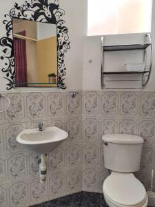 a bathroom with a toilet and a sink and a mirror at Hotel Andean Host Inn in Cusco
