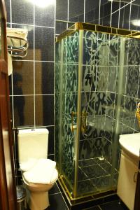 een badkamer met een toilet en een glazen douche bij Californiacityhotel in Istanbul
