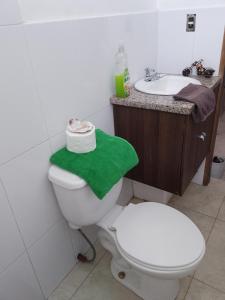 La salle de bains est pourvue de toilettes et d'un lavabo avec une serviette verte. dans l'établissement Alojamiento y transporte, à Guayaquil