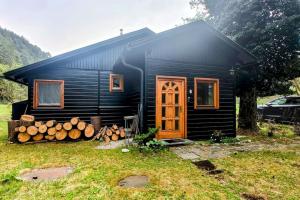 een zwart huis met een bos hout ervoor bij Wald & Bach Gutenstein (50 Minuten von Wien) in Gutenstein