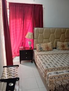 a bedroom with a bed and a pink curtain at Balqees Cottage in Lahore