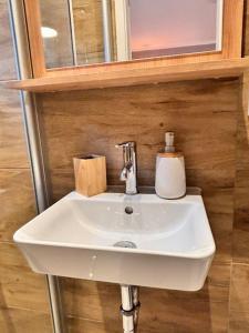 lavabo blanco en el baño con espejo en Gemütlich mitten in Neu-Isenburg en Neu Isenburg