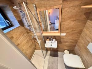 a bathroom with a shower and a toilet and a sink at Gemütlich mitten in Neu-Isenburg in Neu Isenburg