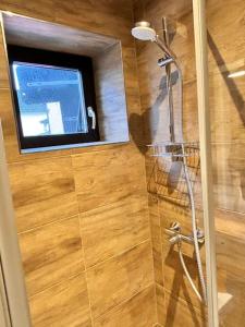 a bathroom with a shower with a window and a television at Gemütlich mitten in Neu-Isenburg in Neu Isenburg