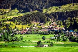 un petit village dans une vallée verdoyante dans les montagnes dans l'établissement Apartma Andrej, à Rateče