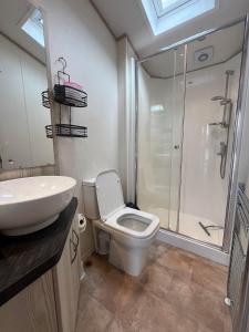 a bathroom with a toilet and a shower and a sink at Heron 41, Scratby - California Cliffs, Parkdean, sleeps 6, pet friendly, bed linen and towels included - close to the beach in Scratby