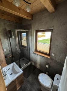 ein Bad mit einem Waschbecken, einem WC und einem Fenster in der Unterkunft Domek Widokowy Tyniok in Koniaków