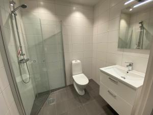een badkamer met een toilet, een wastafel en een douche bij Villa Brösarp - Villa Brösarp in Brösarp