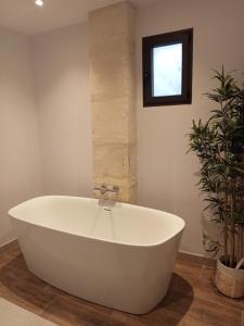 een wit bad in een badkamer met een plant bij Le Dormadou des tilleuls in Graveson
