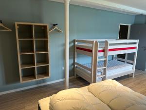 1 dormitorio con 2 literas y estante para libros en Det gamle snedkeri en Ribe