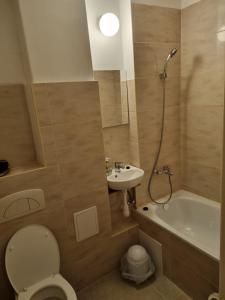 ワルシャワにあるKwatera na Wspólnejのバスルーム(トイレ、洗面台、シャワー付)
