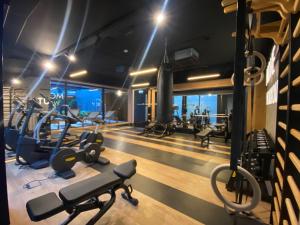 a gym with treadmills and elliptical machines at Vistula Avenue Apartment Free Parking in Krakow