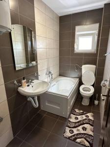 La salle de bains est pourvue d'une baignoire, de toilettes et d'un lavabo. dans l'établissement Vila Sekulić, à Podgorica