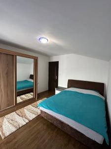 a bedroom with a large bed and a mirror at Vila Sekulić in Podgorica