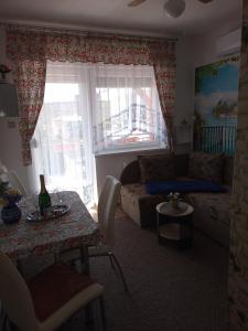 ハイドゥソボスローにあるRiviera Apartmanのリビングルーム(ソファ、テーブル付)