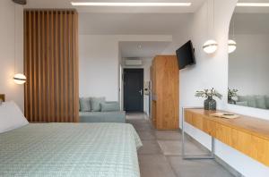 薩爾蒂的住宿－Vrahakia beach，一间卧室配有一张床,墙上配有电视