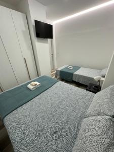 1 dormitorio con 2 camas y TV. en Alojamiento Fantasía, en Madrid