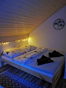 1 cama en una habitación con luces en el techo en Domek letniskowy całoroczny zalew Chańcza Willa Leśny Czar balia sauna, en Raków