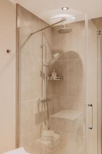 W łazience znajduje się prysznic ze szklanymi drzwiami. w obiekcie Cukura Loft w mieście Jełgawa