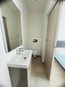 a bathroom with a sink and a mirror and a toilet at Appartement port de Sanary in Sanary-sur-Mer