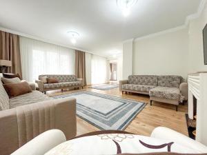 - un salon avec des canapés et une cheminée dans l'établissement Doğadaki Büyük Eviniz Suit Apart 2+1, à Çaykara