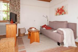 a living room with a couch and a tv at Huberhof in Riedering