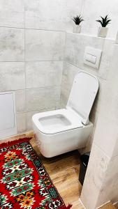 a bathroom with a toilet and a rug at Luxury apartament Buiucani in Chişinău +8 photos