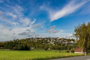 uma cidade no topo de uma colina com um campo verde em Sommersonne em Warstein