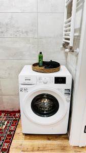 een wasmachine met een mand erop bij Luxury apartament Buiucani in Chişinău