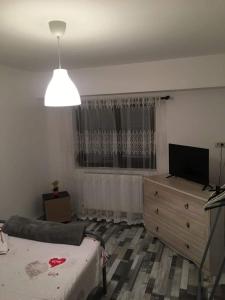 Un dormitorio con una cama, una cómoda y un televisor. en apartament Sara, en Mangalia