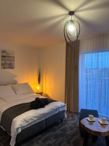 um quarto com uma cama e uma grande janela em Marina Resort Chłopy em Chłopy