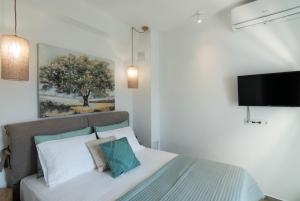 a bedroom with a bed and a tv on the wall at aerie home Skyros in Skiros